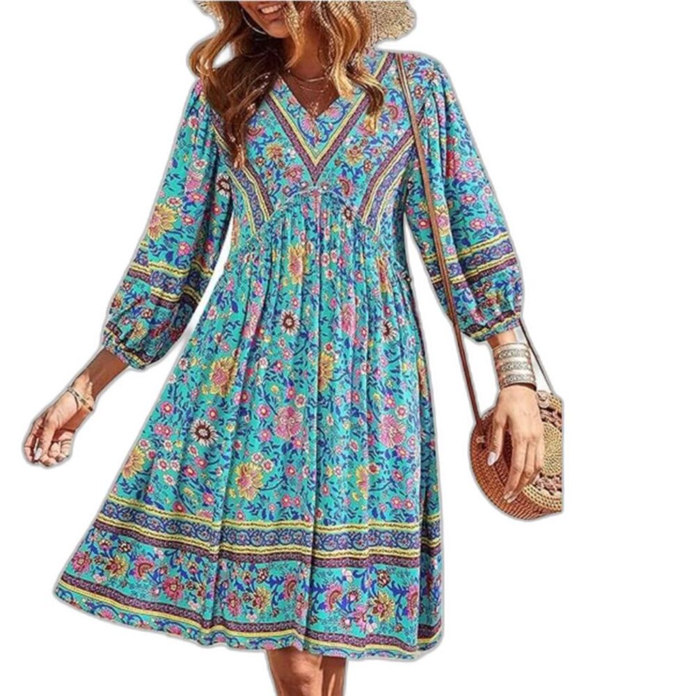 BTFBM Women's NWOT Blue Floral V-Neck Flowy Boho Chic Knee Length Dress Size S
